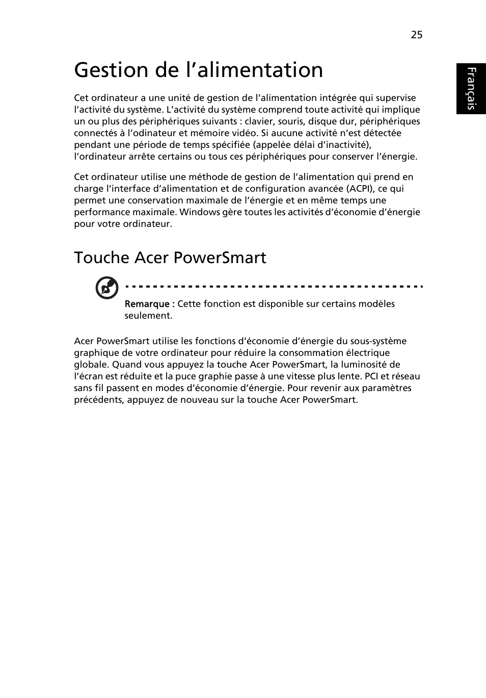 Gestion de l’alimentation, Touche acer powersmart | Acer TravelMate 4750 User Manual | Page 121 / 2286