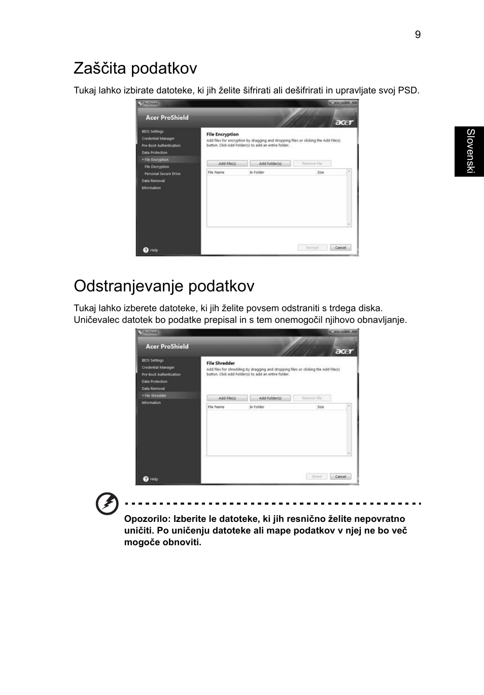 Zaščita podatkov, Odstranjevanje podatkov | Acer TravelMate 4750 User Manual | Page 1211 / 2286