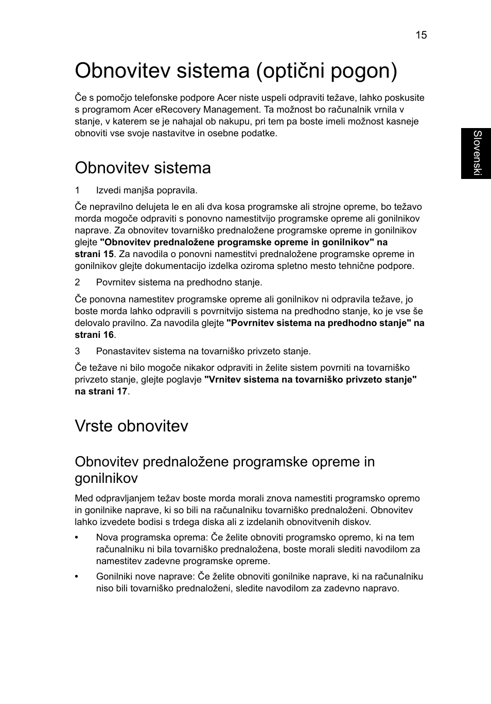 Obnovitev sistema (optični pogon), Obnovitev sistema, Vrste obnovitev | Acer TravelMate 4750 User Manual | Page 1217 / 2286