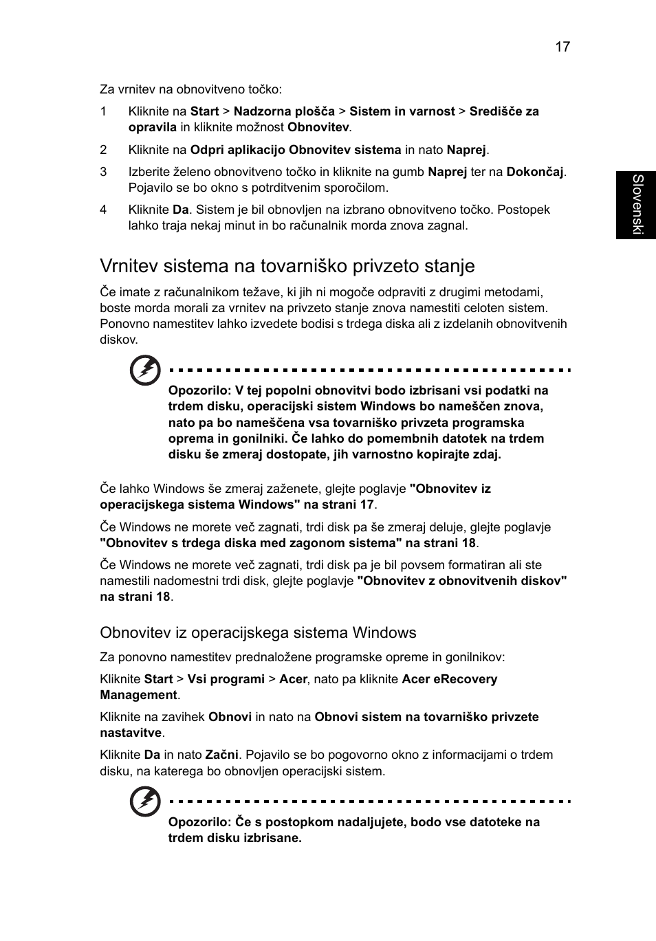 Vrnitev sistema na tovarniško privzeto stanje | Acer TravelMate 4750 User Manual | Page 1219 / 2286