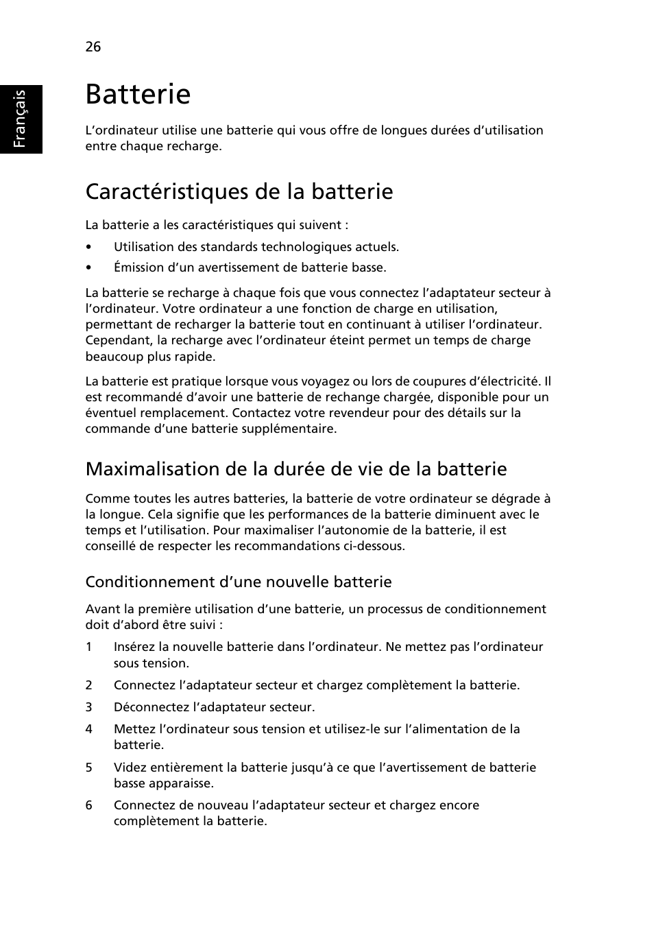 Batterie, Caractéristiques de la batterie, Maximalisation de la durée de vie de la batterie | Acer TravelMate 4750 User Manual | Page 122 / 2286