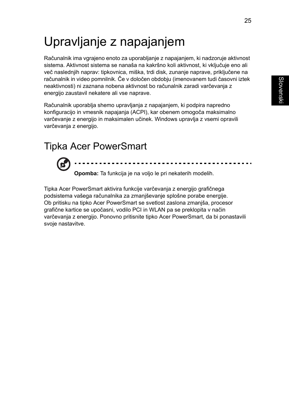 Upravljanje z napajanjem, Tipka acer powersmart | Acer TravelMate 4750 User Manual | Page 1227 / 2286