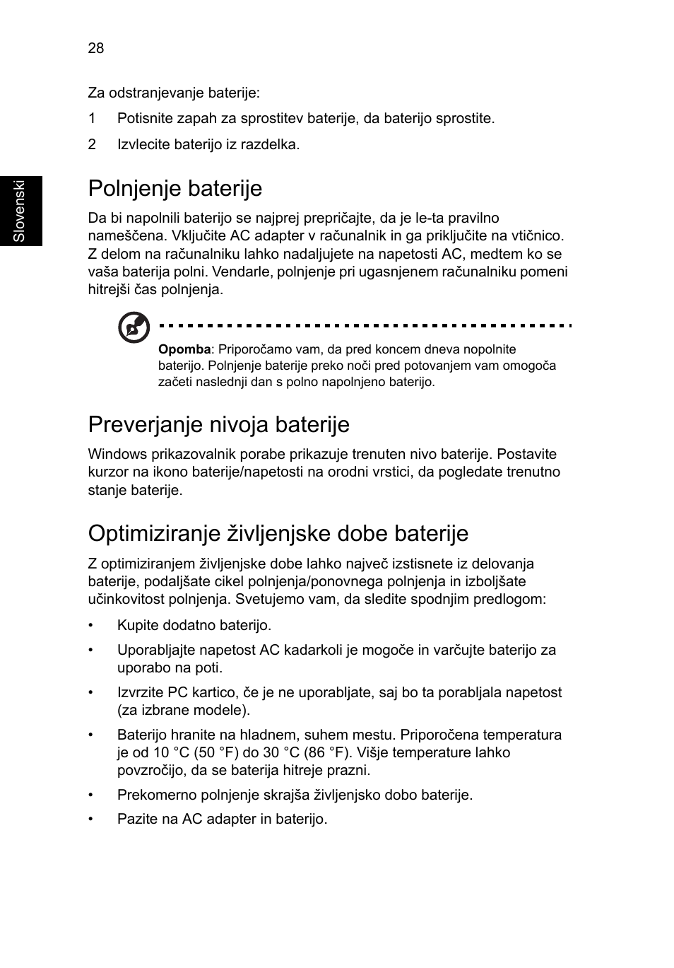 Polnjenje baterije, Preverjanje nivoja baterije, Optimiziranje življenjske dobe baterije | Acer TravelMate 4750 User Manual | Page 1230 / 2286