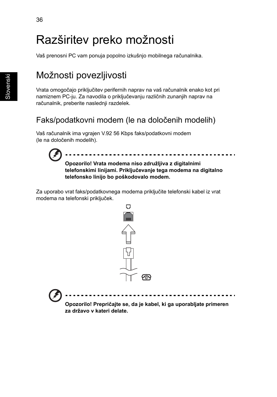 Razširitev preko možnosti, Možnosti povezljivosti, Faks/podatkovni modem (le na določenih modelih) | Acer TravelMate 4750 User Manual | Page 1238 / 2286