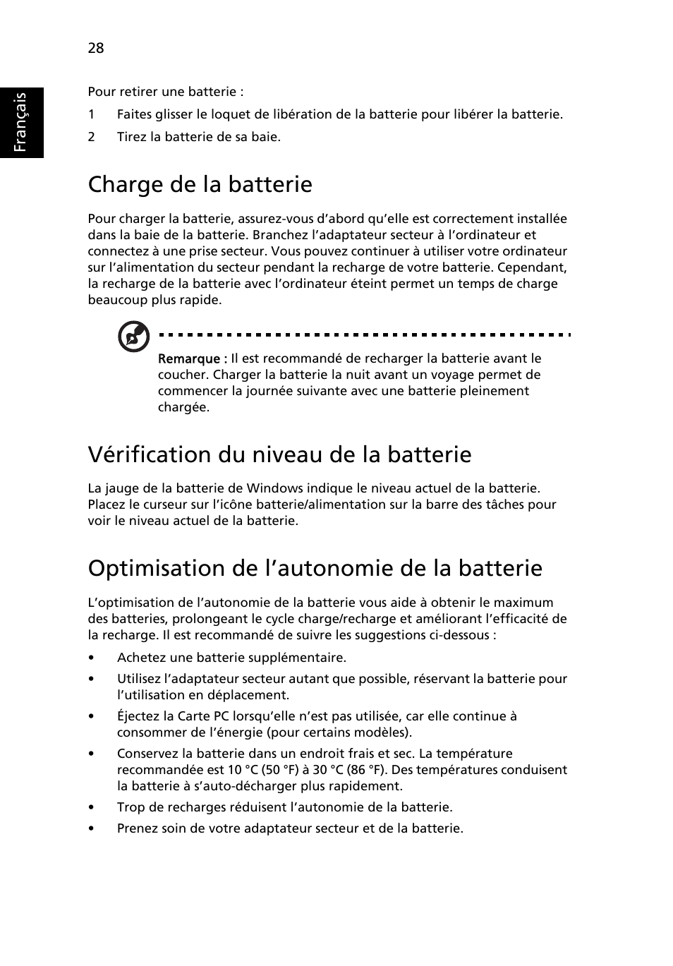 Charge de la batterie, Vérification du niveau de la batterie, Optimisation de l’autonomie de la batterie | Acer TravelMate 4750 User Manual | Page 124 / 2286