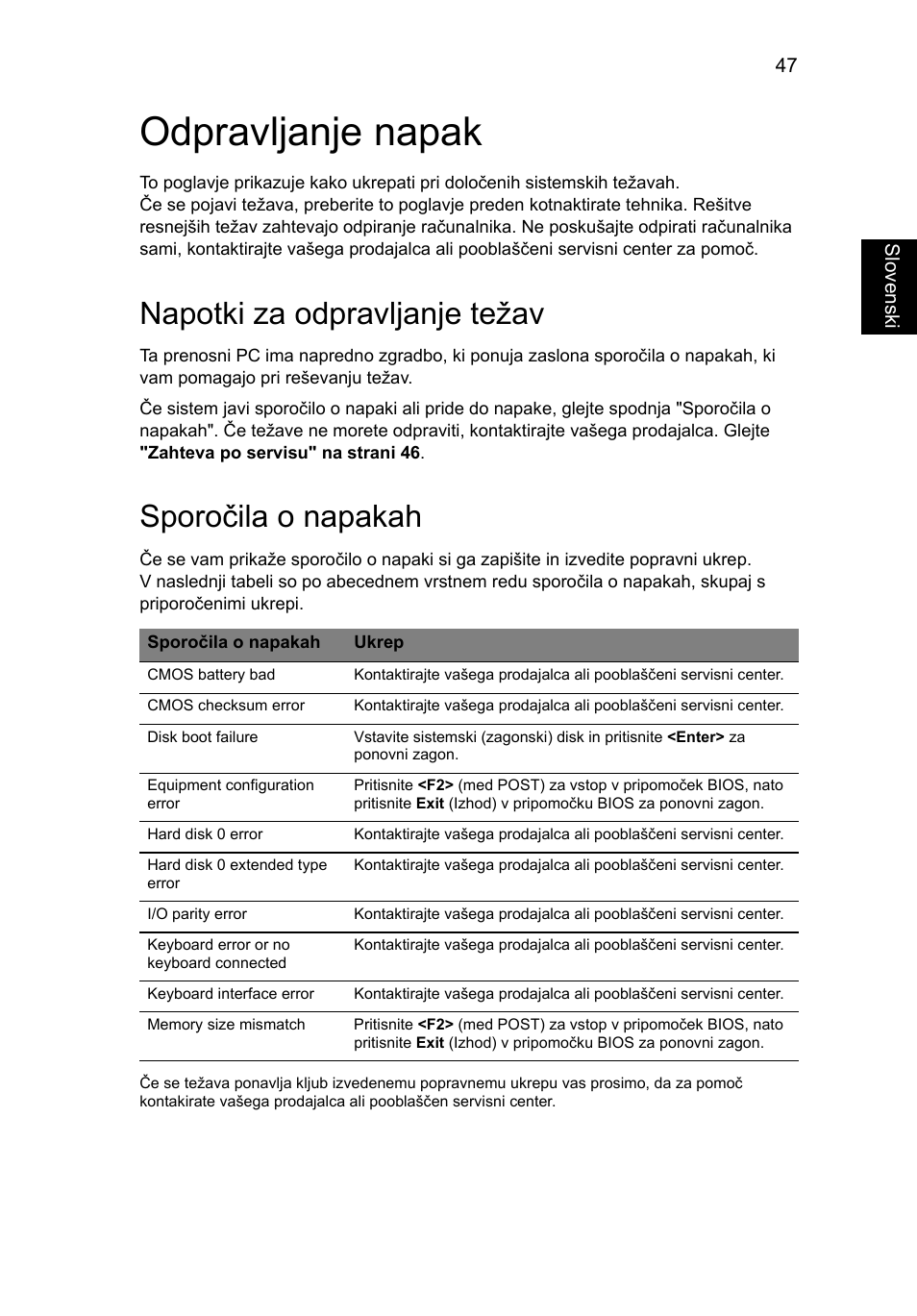 Odpravljanje napak, Napotki za odpravljanje težav, Sporočila o napakah | Acer TravelMate 4750 User Manual | Page 1249 / 2286