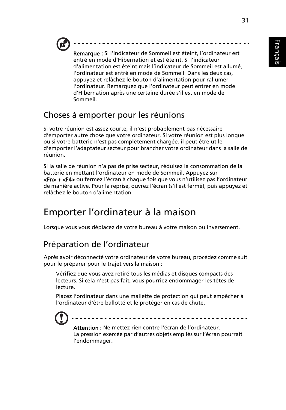 Emporter l’ordinateur à la maison, Choses à emporter pour les réunions, Préparation de l’ordinateur | Français | Acer TravelMate 4750 User Manual | Page 127 / 2286