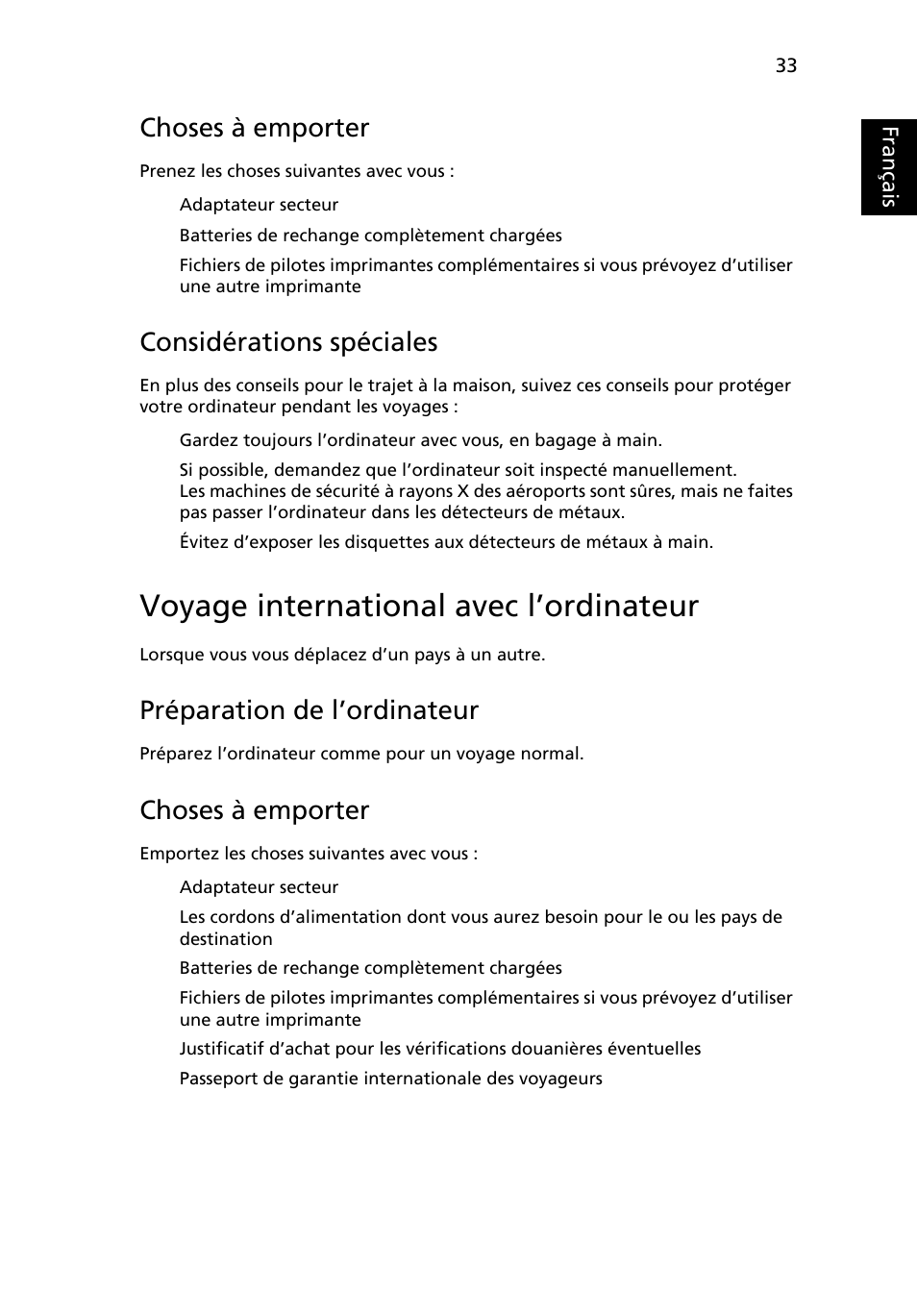 Voyage international avec l’ordinateur, Choses à emporter, Considérations spéciales | Préparation de l’ordinateur, Français | Acer TravelMate 4750 User Manual | Page 129 / 2286