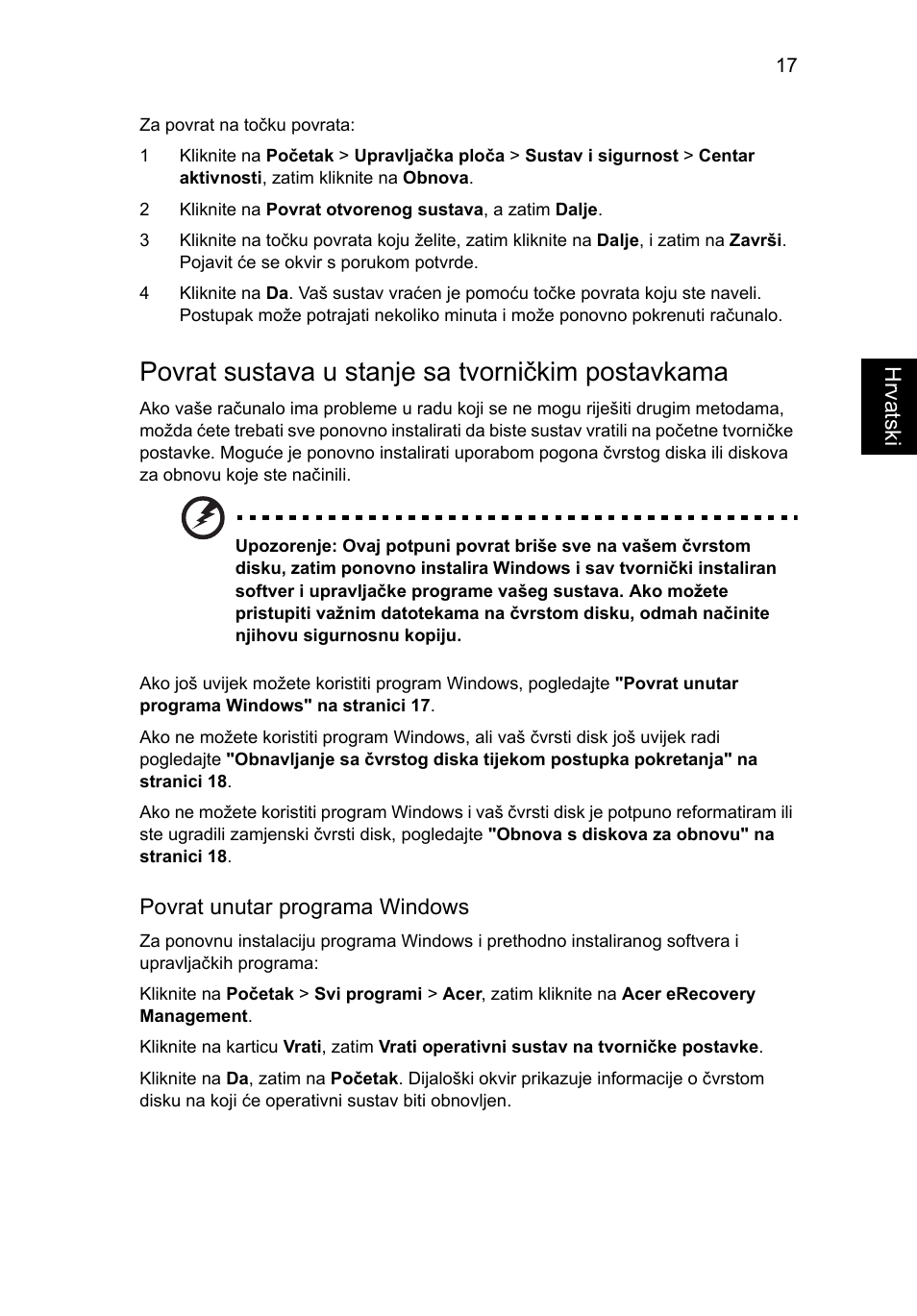 Povrat sustava u stanje sa tvorničkim postavkama | Acer TravelMate 4750 User Manual | Page 1293 / 2286