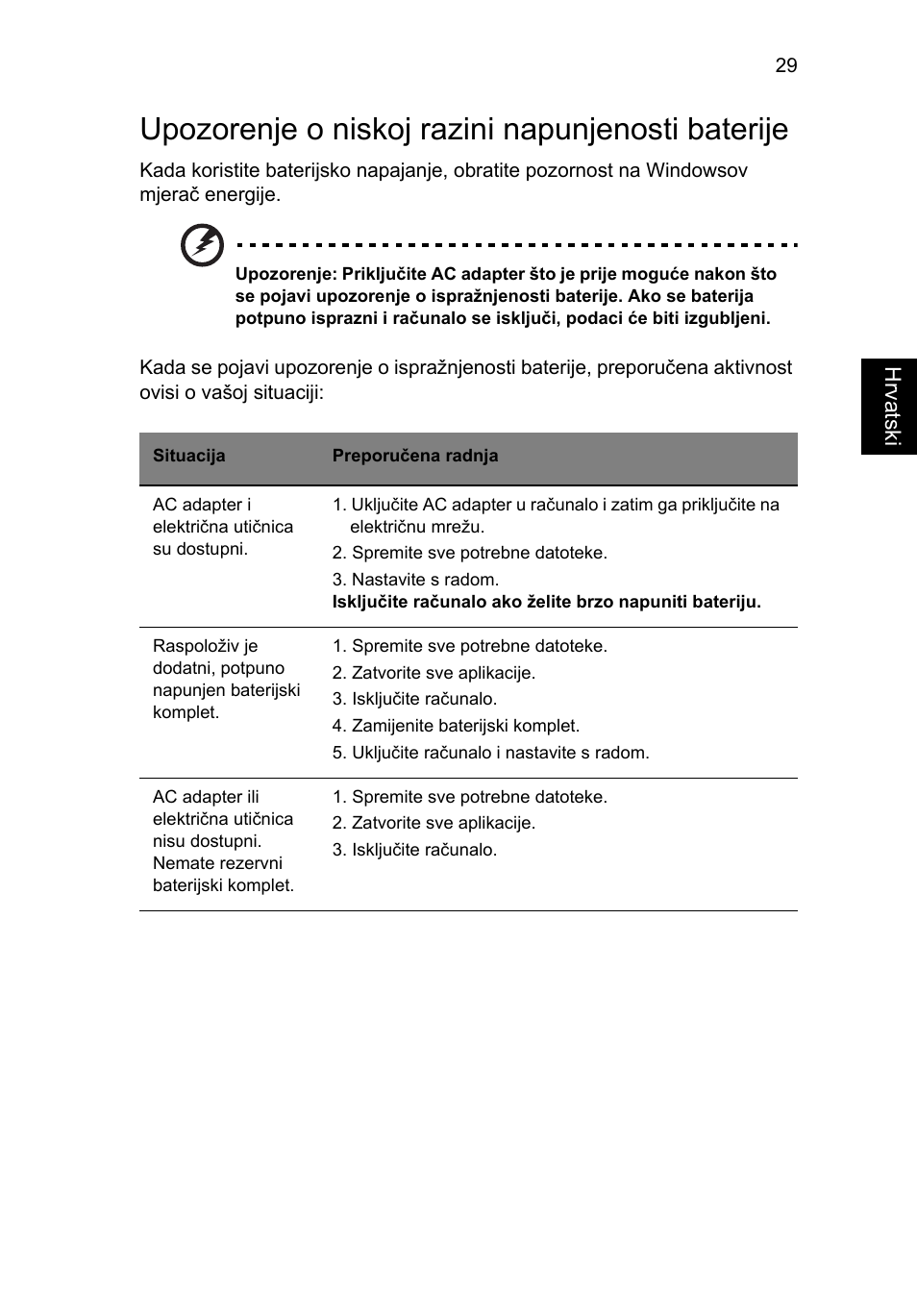 Upozorenje o niskoj razini napunjenosti baterije | Acer TravelMate 4750 User Manual | Page 1305 / 2286