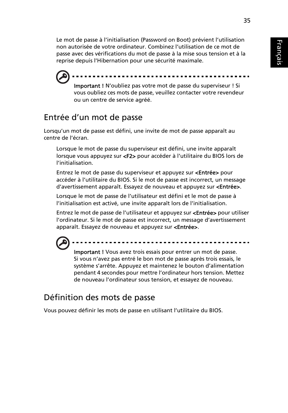 Entrée d’un mot de passe, Définition des mots de passe, Français | Acer TravelMate 4750 User Manual | Page 131 / 2286