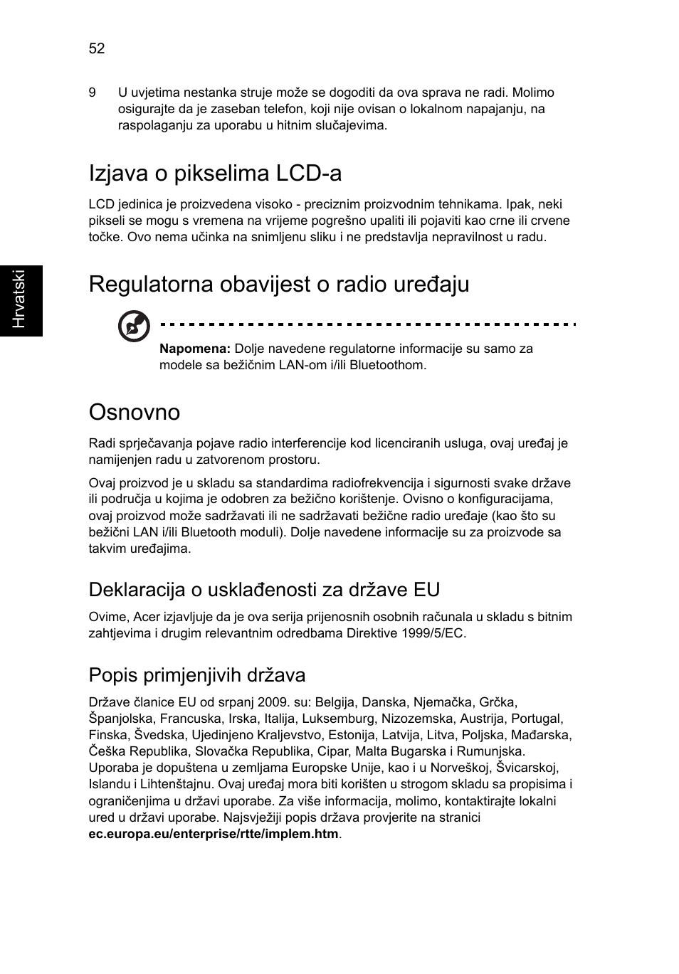 Izjava o pikselima lcd-a, Regulatorna obavijest o radio uređaju, Osnovno | Deklaracija o usklađenosti za države eu, Popis primjenjivih država | Acer TravelMate 4750 User Manual | Page 1328 / 2286