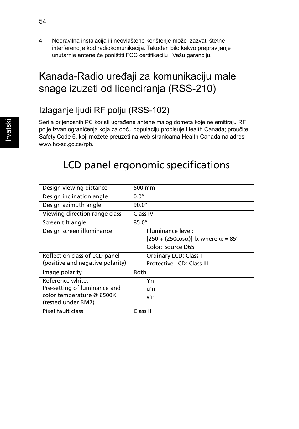 Lcd panel ergonomic specifications, Izlaganje ljudi rf polju (rss-102) | Acer TravelMate 4750 User Manual | Page 1330 / 2286