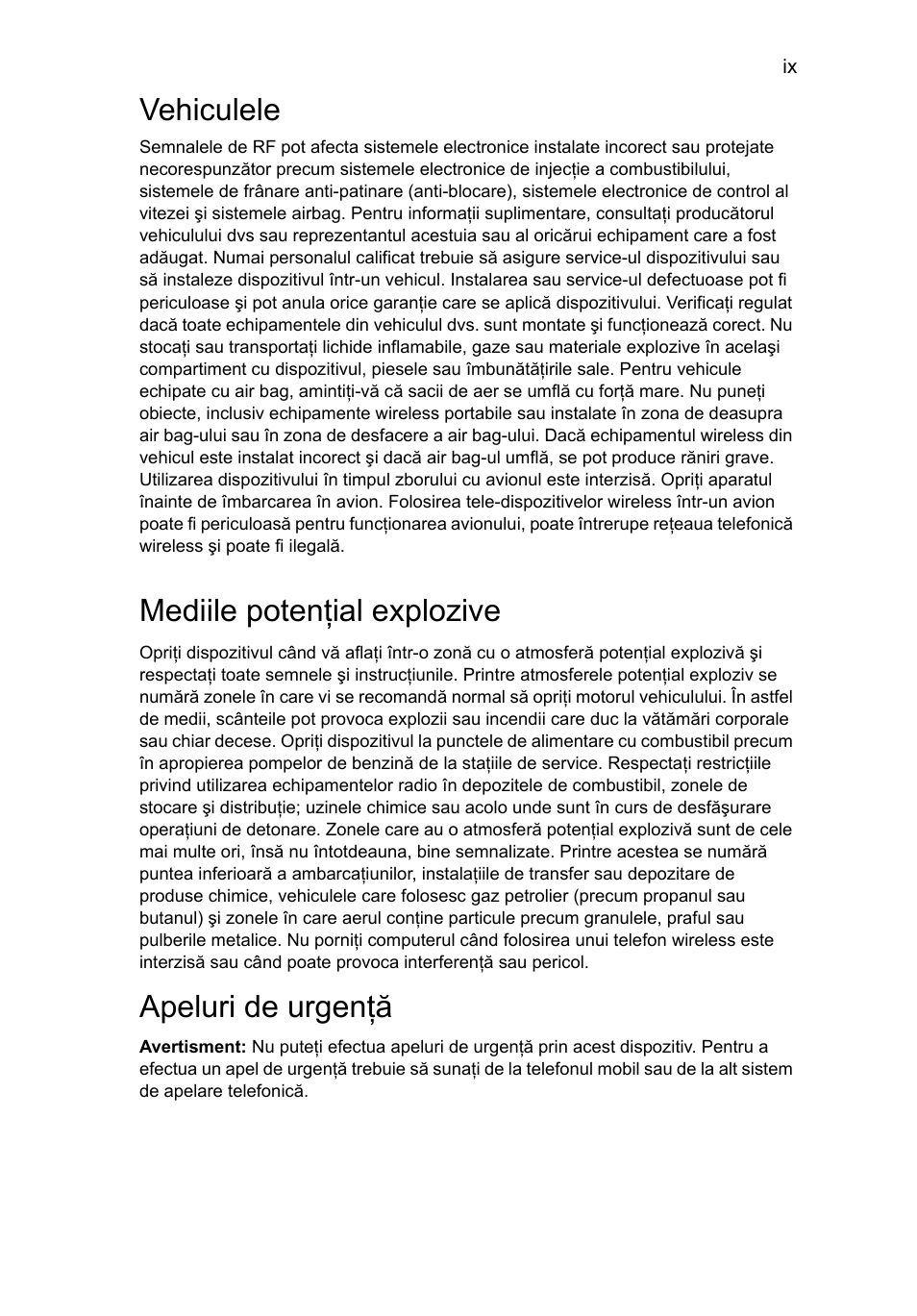 Vehiculele, Mediile potenţial explozive, Apeluri de urgenţă | Acer TravelMate 4750 User Manual | Page 1339 / 2286