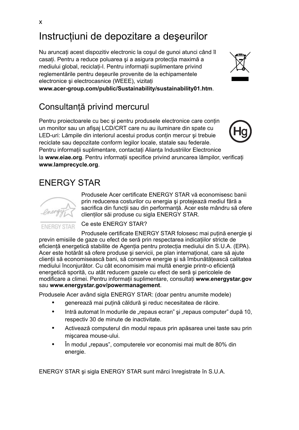 Instrucţiuni de depozitare a deşeurilor, Consultanţă privind mercurul, Energy star | Acer TravelMate 4750 User Manual | Page 1340 / 2286