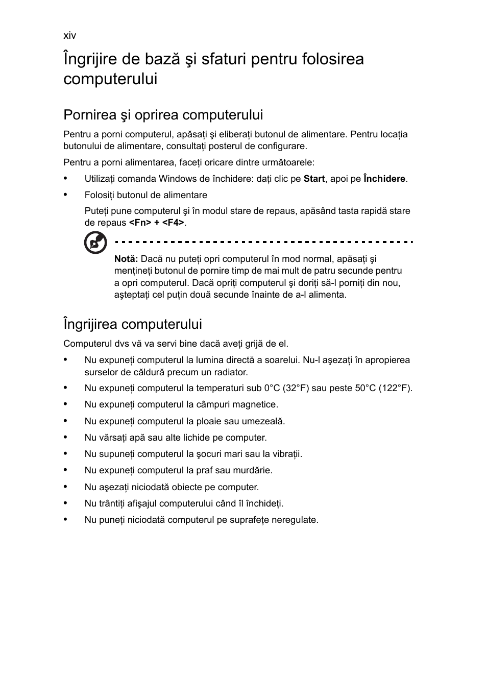 Pornirea şi oprirea computerului, Îngrijirea computerului | Acer TravelMate 4750 User Manual | Page 1344 / 2286