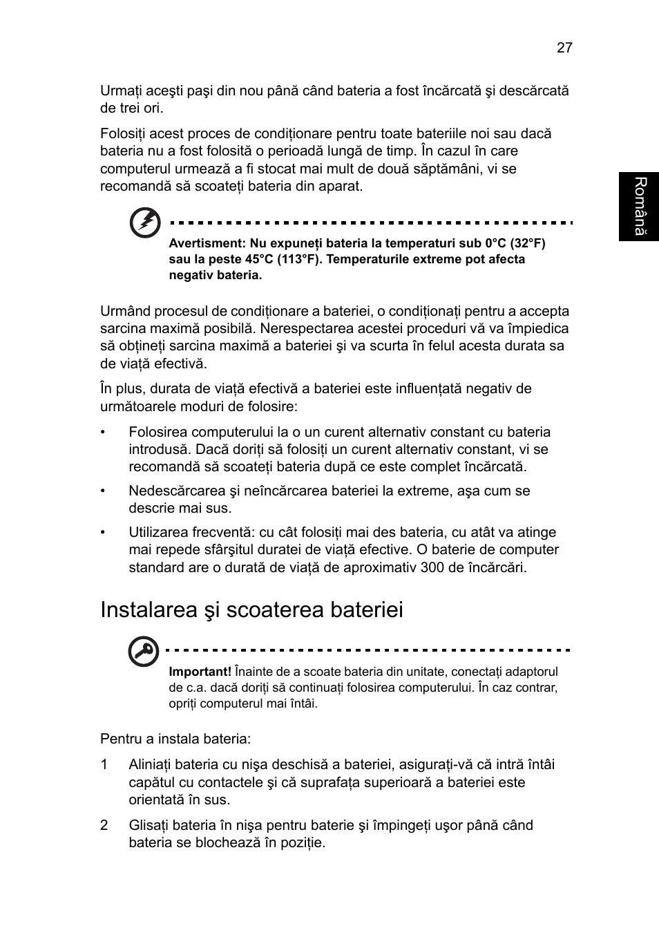 Instalarea şi scoaterea bateriei | Acer TravelMate 4750 User Manual | Page 1377 / 2286