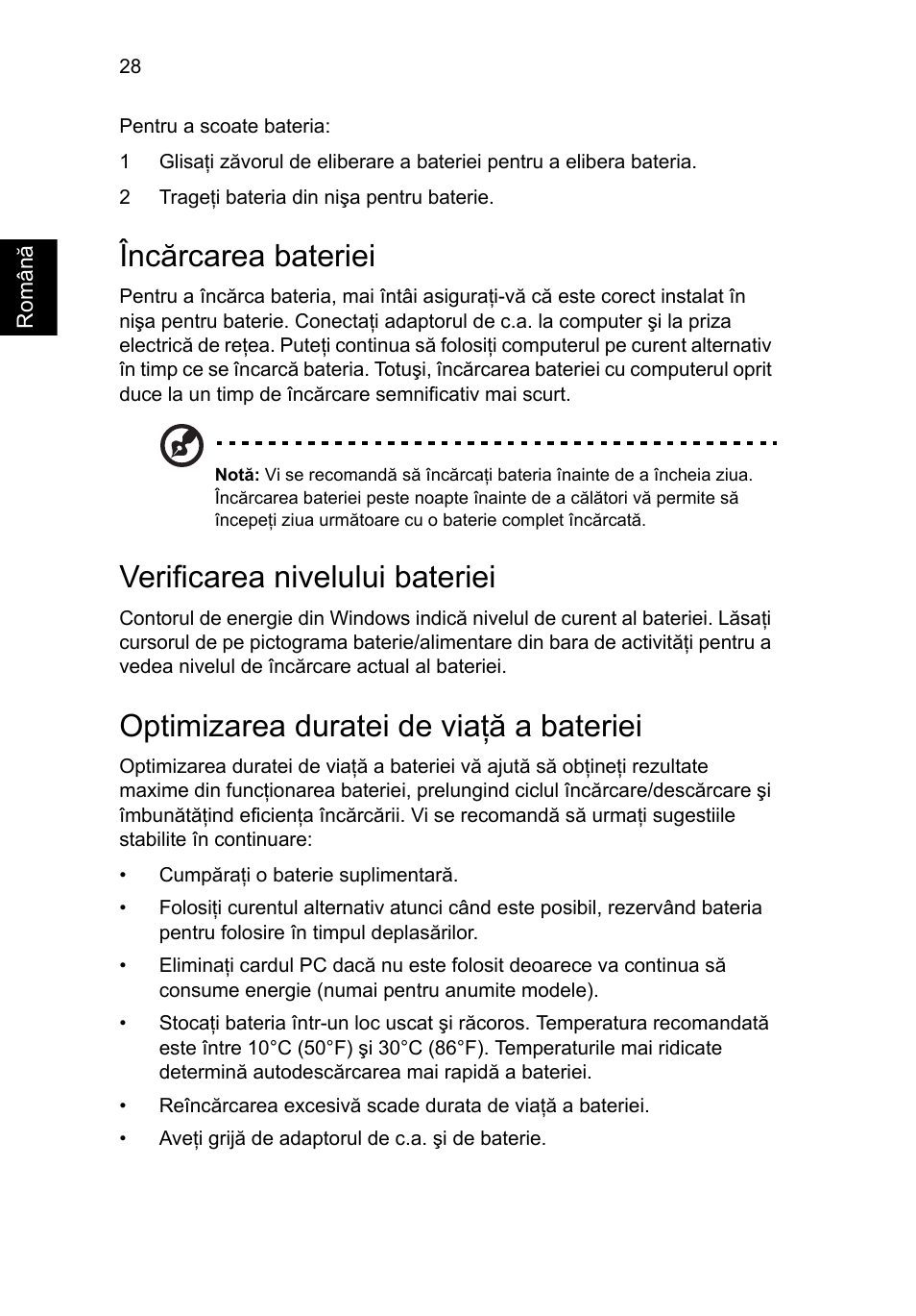 Încărcarea bateriei, Verificarea nivelului bateriei, Optimizarea duratei de viaţă a bateriei | Acer TravelMate 4750 User Manual | Page 1378 / 2286