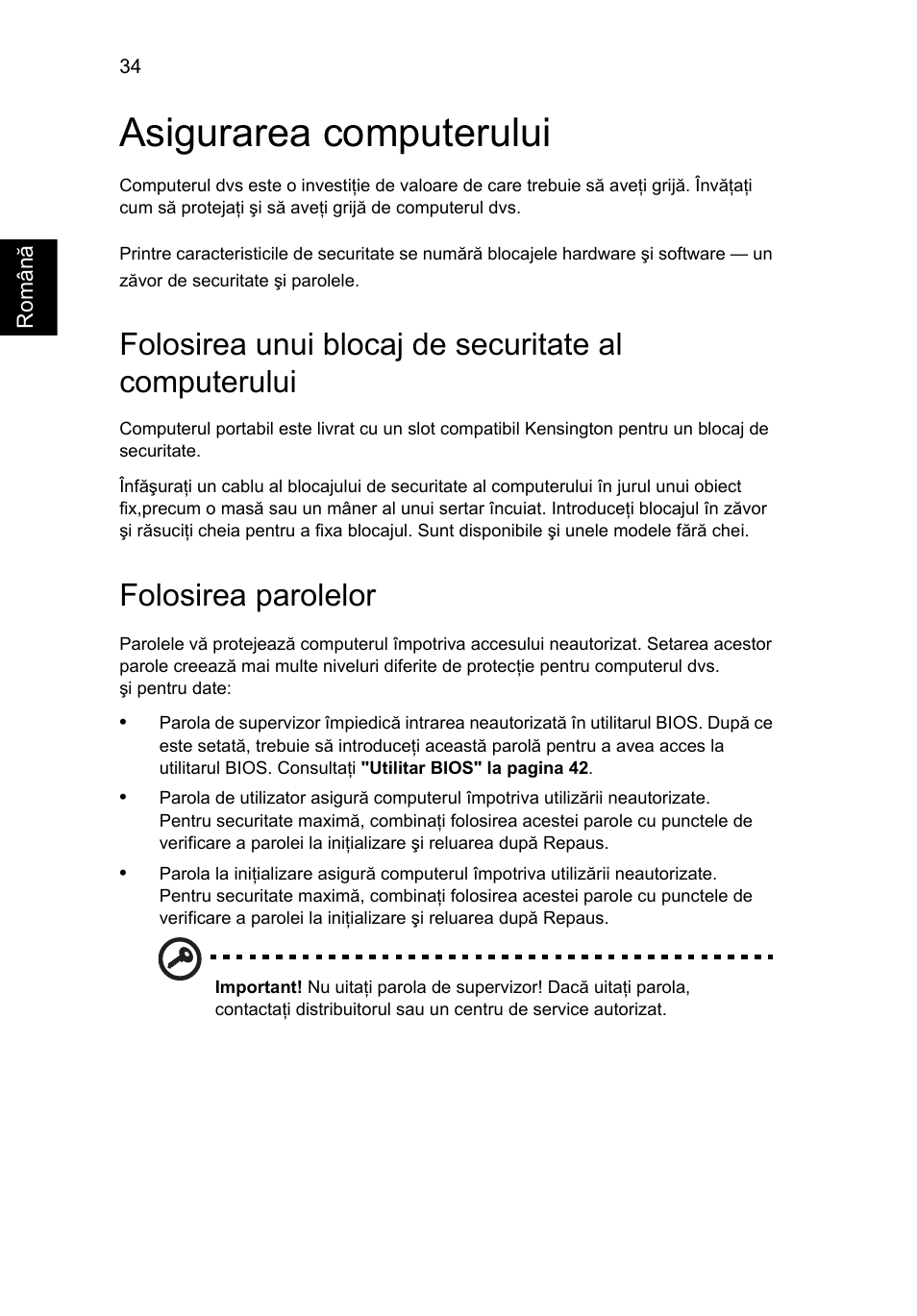 Asigurarea computerului, Folosirea parolelor | Acer TravelMate 4750 User Manual | Page 1384 / 2286