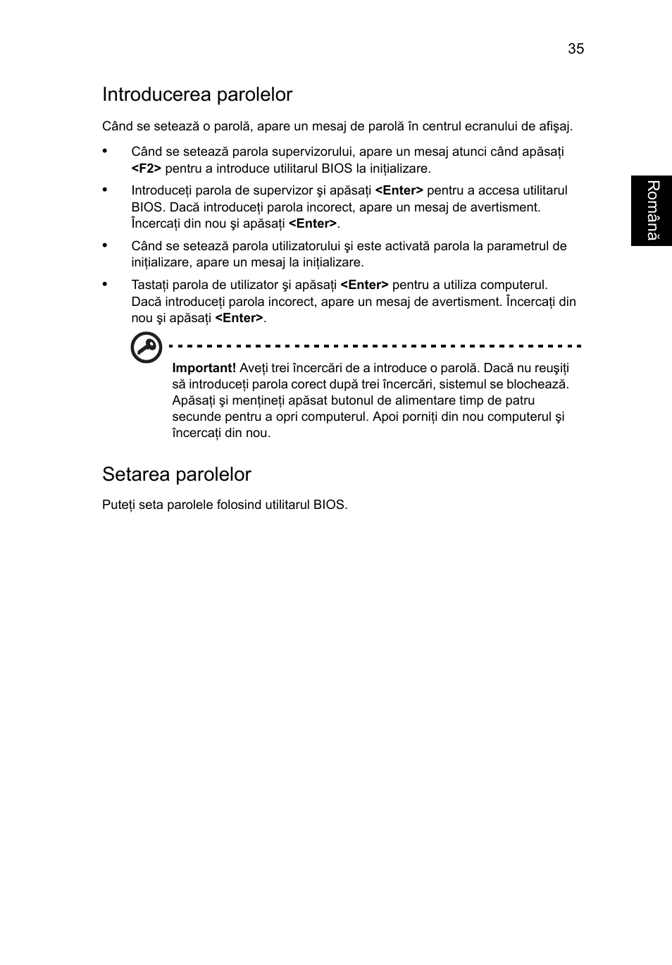 Introducerea parolelor, Setarea parolelor | Acer TravelMate 4750 User Manual | Page 1385 / 2286