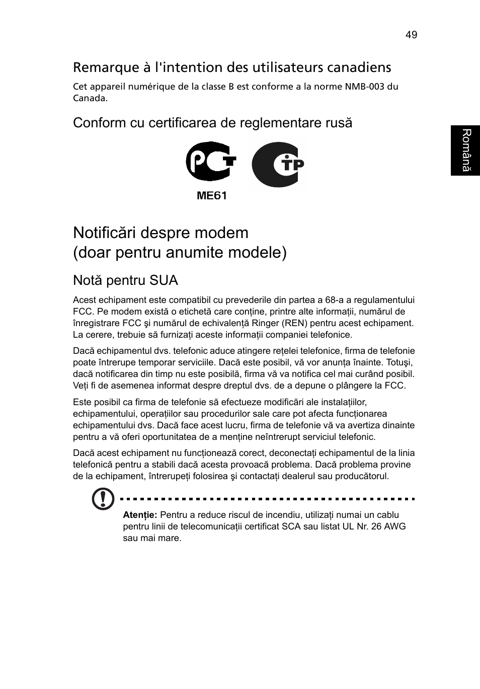 Remarque à l'intention des utilisateurs canadiens, Conform cu certificarea de reglementare rusă, Notă pentru sua | Acer TravelMate 4750 User Manual | Page 1399 / 2286