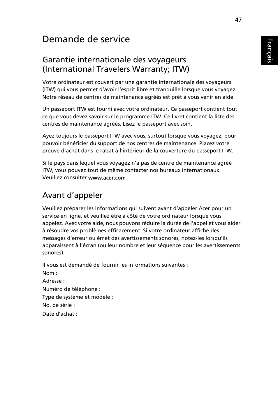 Demande de service, Avant d’appeler, Français | Acer TravelMate 4750 User Manual | Page 143 / 2286