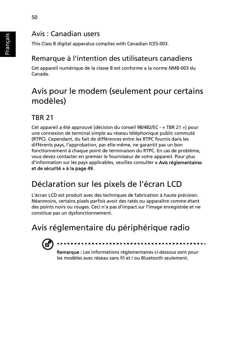 Déclaration sur les pixels de l’écran lcd, Avis réglementaire du périphérique radio | Acer TravelMate 4750 User Manual | Page 146 / 2286