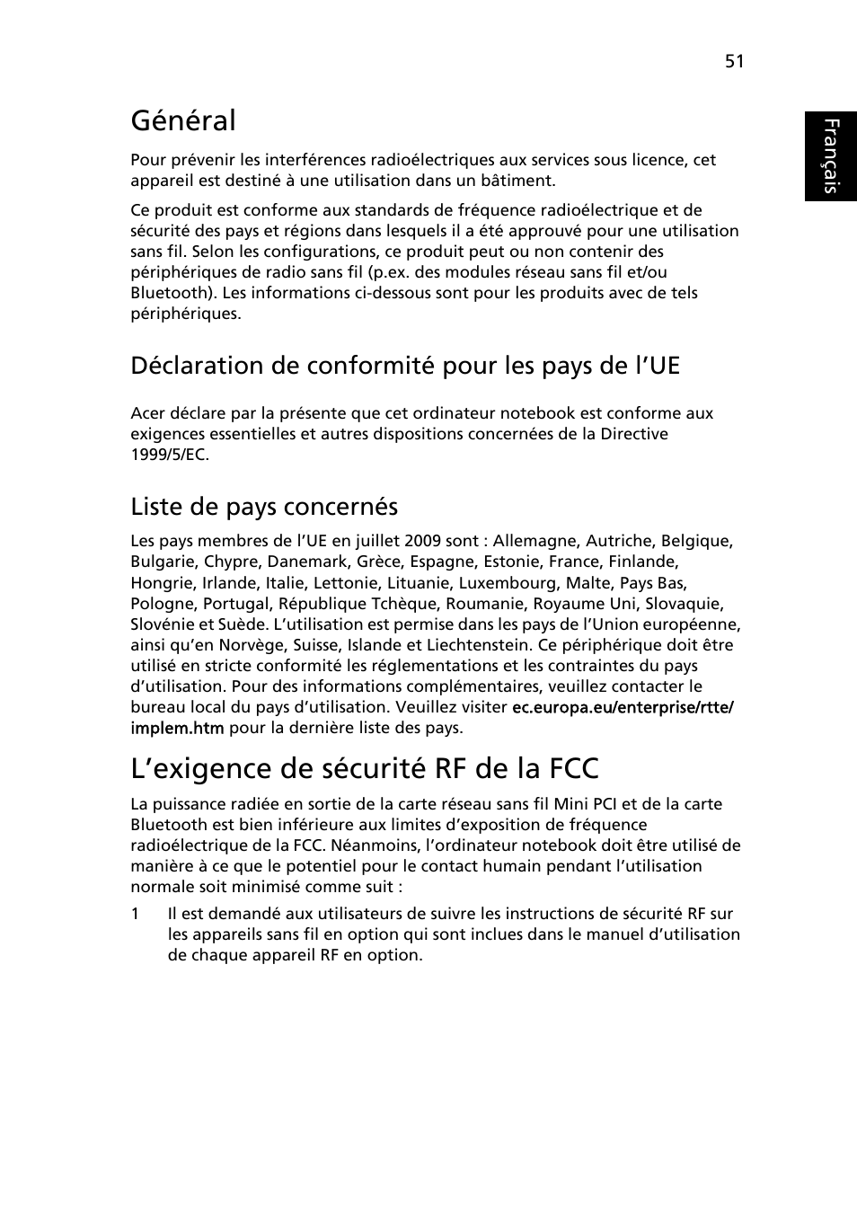 Général, L’exigence de sécurité rf de la fcc, Français | Déclaration de conformité pour les pays de l’ue, Liste de pays concernés | Acer TravelMate 4750 User Manual | Page 147 / 2286