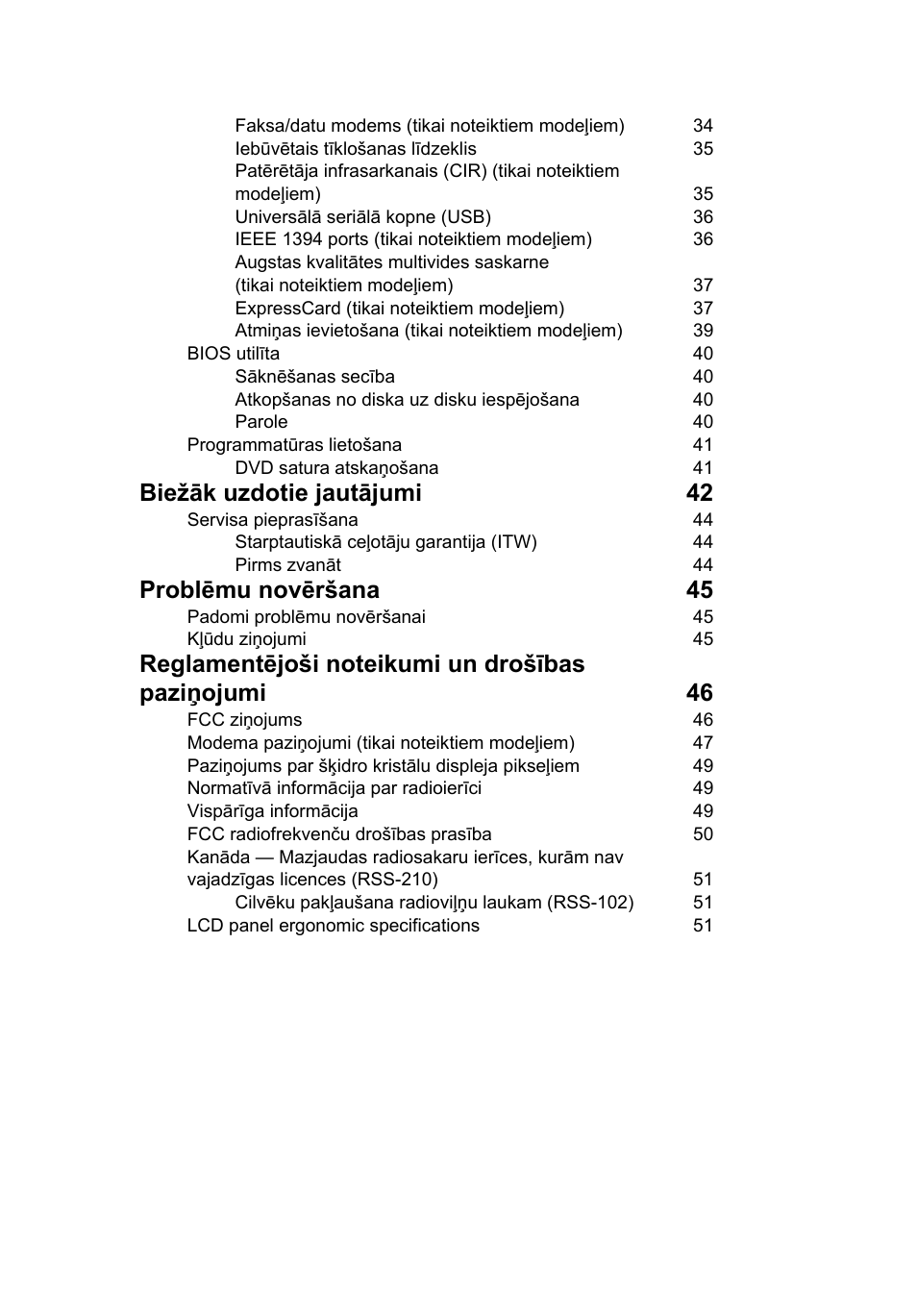 Biežāk uzdotie jautājumi 42, Problēmu novēršana 45 | Acer TravelMate 4750 User Manual | Page 1571 / 2286