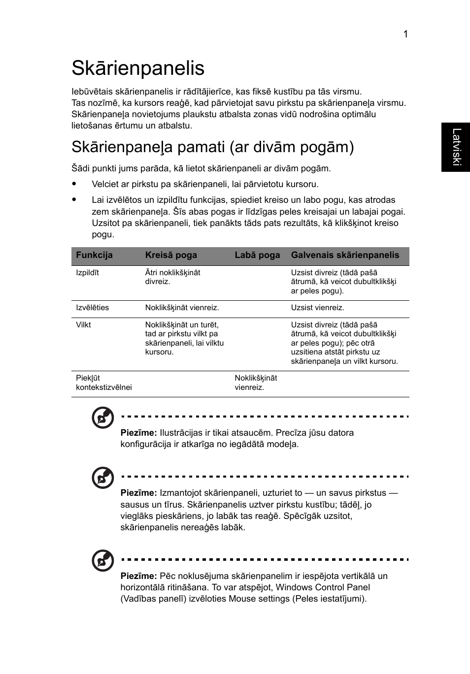 Skārienpanelis, Skārienpaneļa pamati (ar divām pogām) | Acer TravelMate 4750 User Manual | Page 1573 / 2286