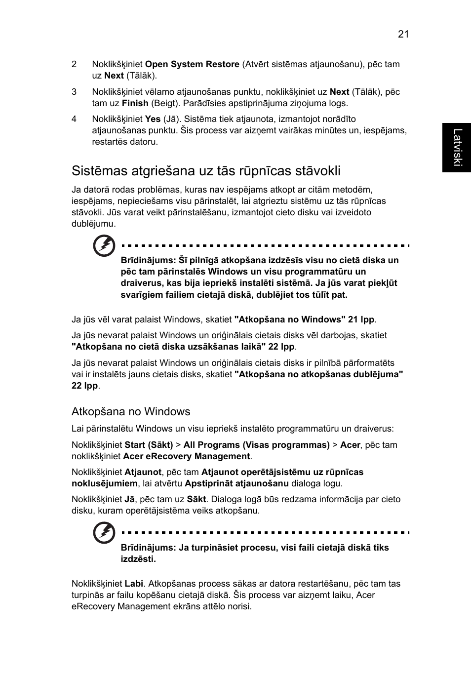 Sistēmas atgriešana uz tās rūpnīcas stāvokli | Acer TravelMate 4750 User Manual | Page 1593 / 2286