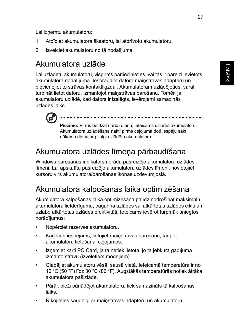 Akumulatora uzlāde, Akumulatora uzlādes līmeņa pārbaudīšana, Akumulatora kalpošanas laika optimizēšana | Acer TravelMate 4750 User Manual | Page 1599 / 2286