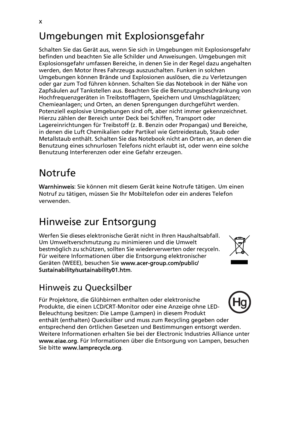 Umgebungen mit explosionsgefahr, Notrufe, Hinweise zur entsorgung | Acer TravelMate 4750 User Manual | Page 160 / 2286