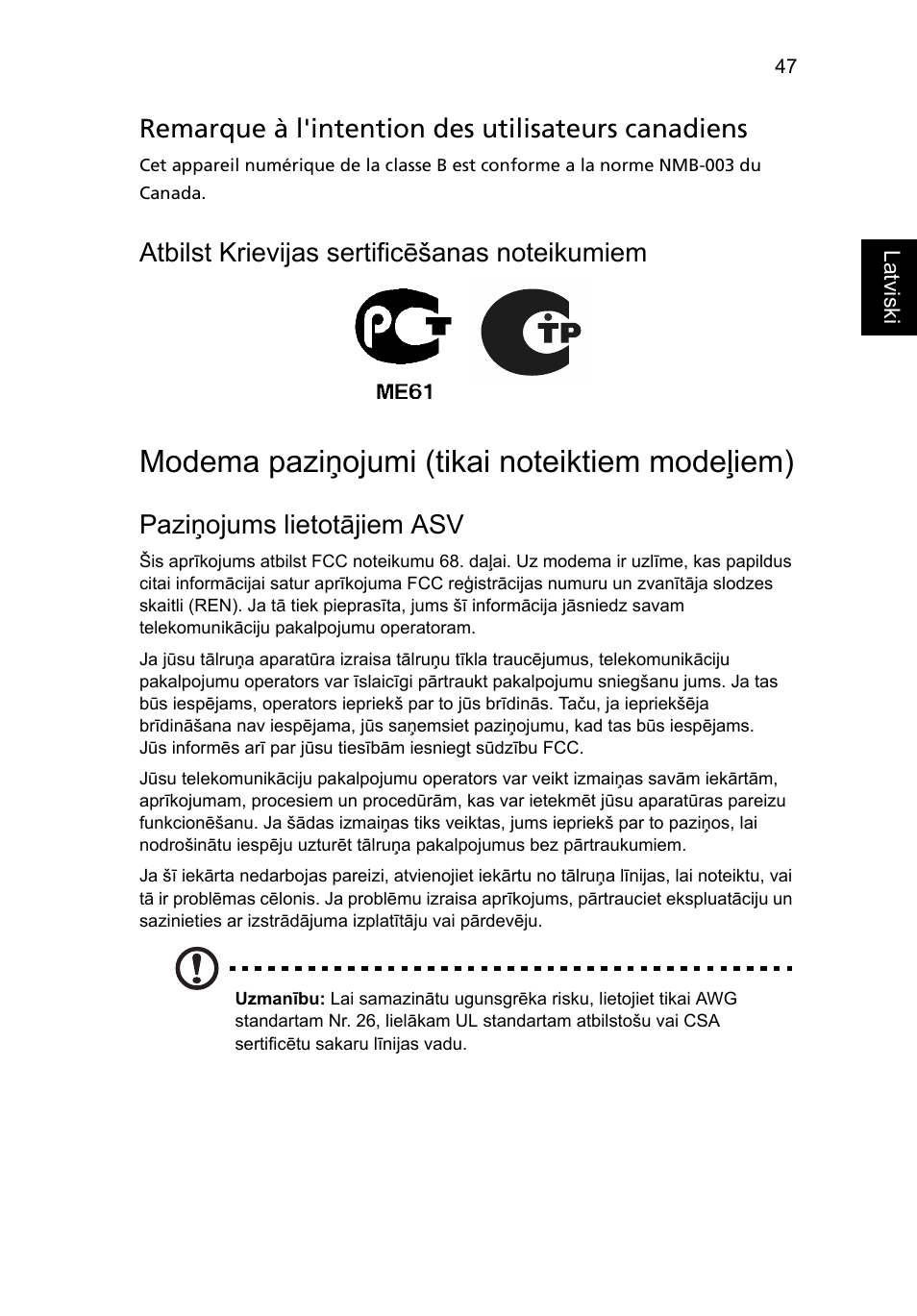 Modema paziņojumi (tikai noteiktiem modeļiem), Remarque à l'intention des utilisateurs canadiens, Paziņojums lietotājiem asv | Acer TravelMate 4750 User Manual | Page 1619 / 2286