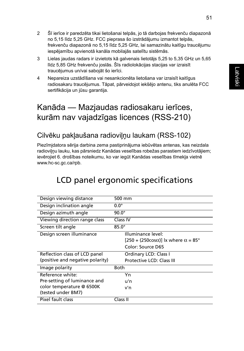 Lcd panel ergonomic specifications, Cilvēku pakļaušana radioviļņu laukam (rss-102) | Acer TravelMate 4750 User Manual | Page 1623 / 2286