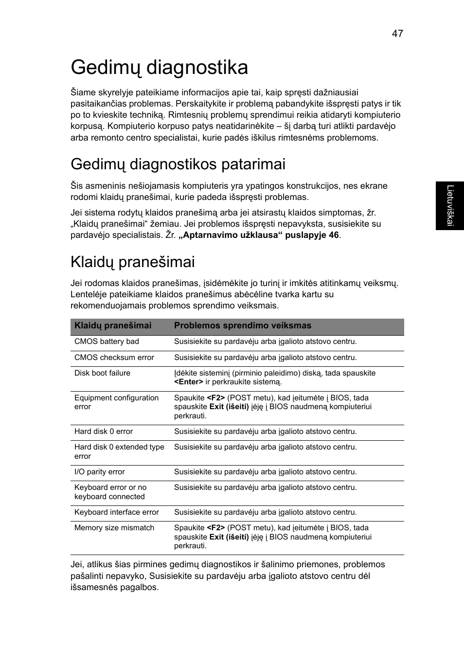 Gedimų diagnostika, Gedimų diagnostikos patarimai, Klaidų pranešimai | Acer TravelMate 4750 User Manual | Page 1691 / 2286