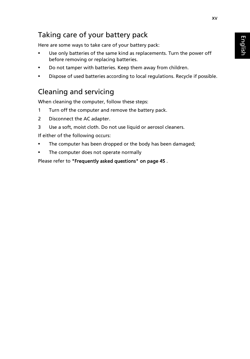 Taking care of your battery pack, Cleaning and servicing | Acer TravelMate 4750 User Manual | Page 17 / 2286