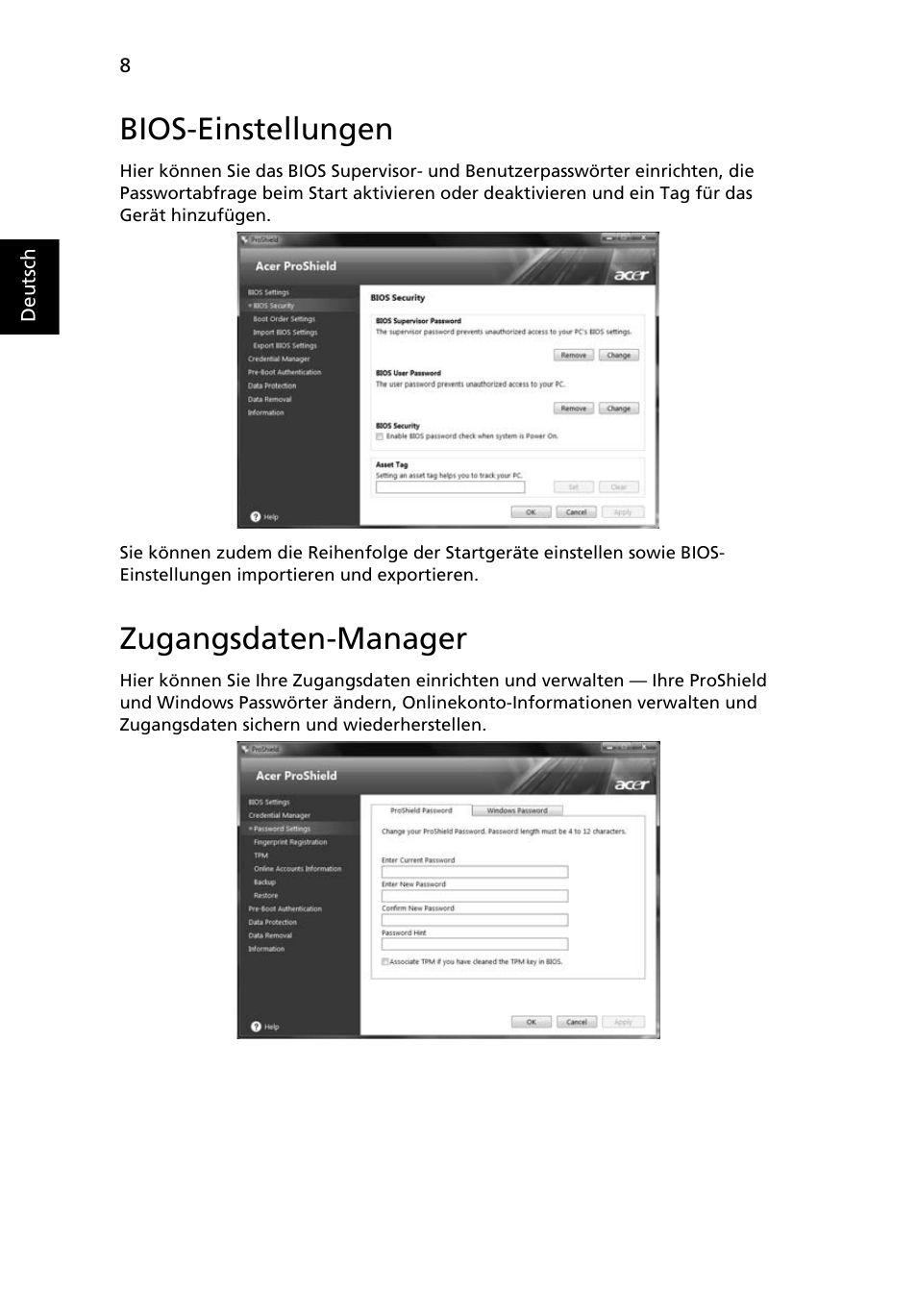 Bios-einstellungen, Zugangsdaten-manager | Acer TravelMate 4750 User Manual | Page 178 / 2286