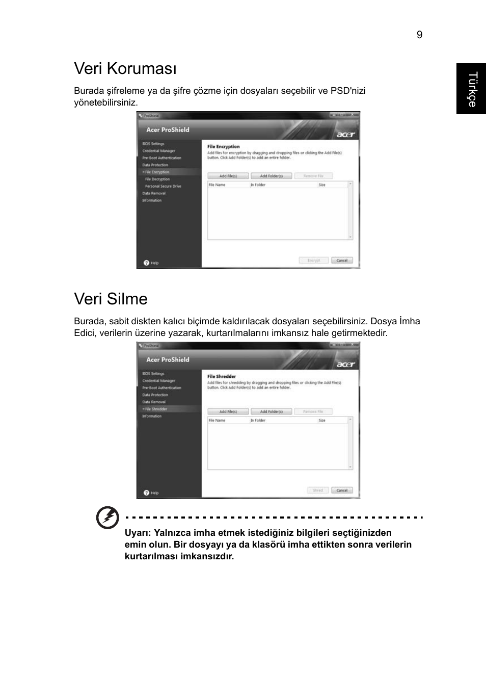 Veri koruması, Veri silme | Acer TravelMate 4750 User Manual | Page 1809 / 2286