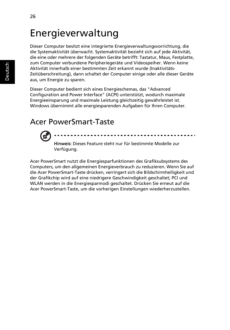 Energieverwaltung, Acer powersmart-taste | Acer TravelMate 4750 User Manual | Page 196 / 2286