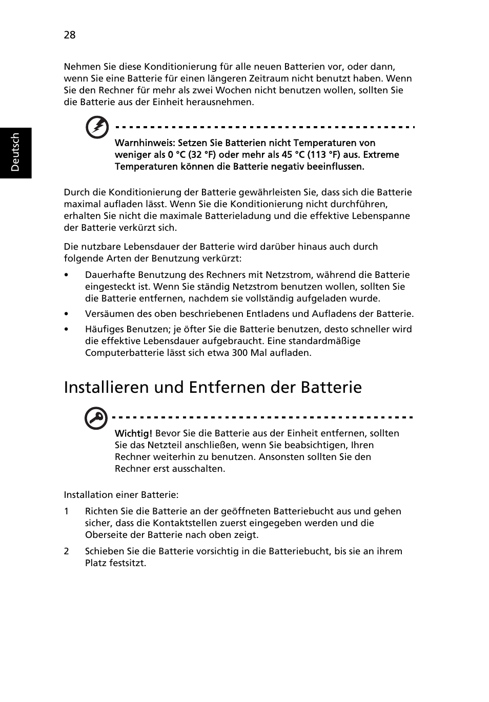 Installieren und entfernen der batterie | Acer TravelMate 4750 User Manual | Page 198 / 2286