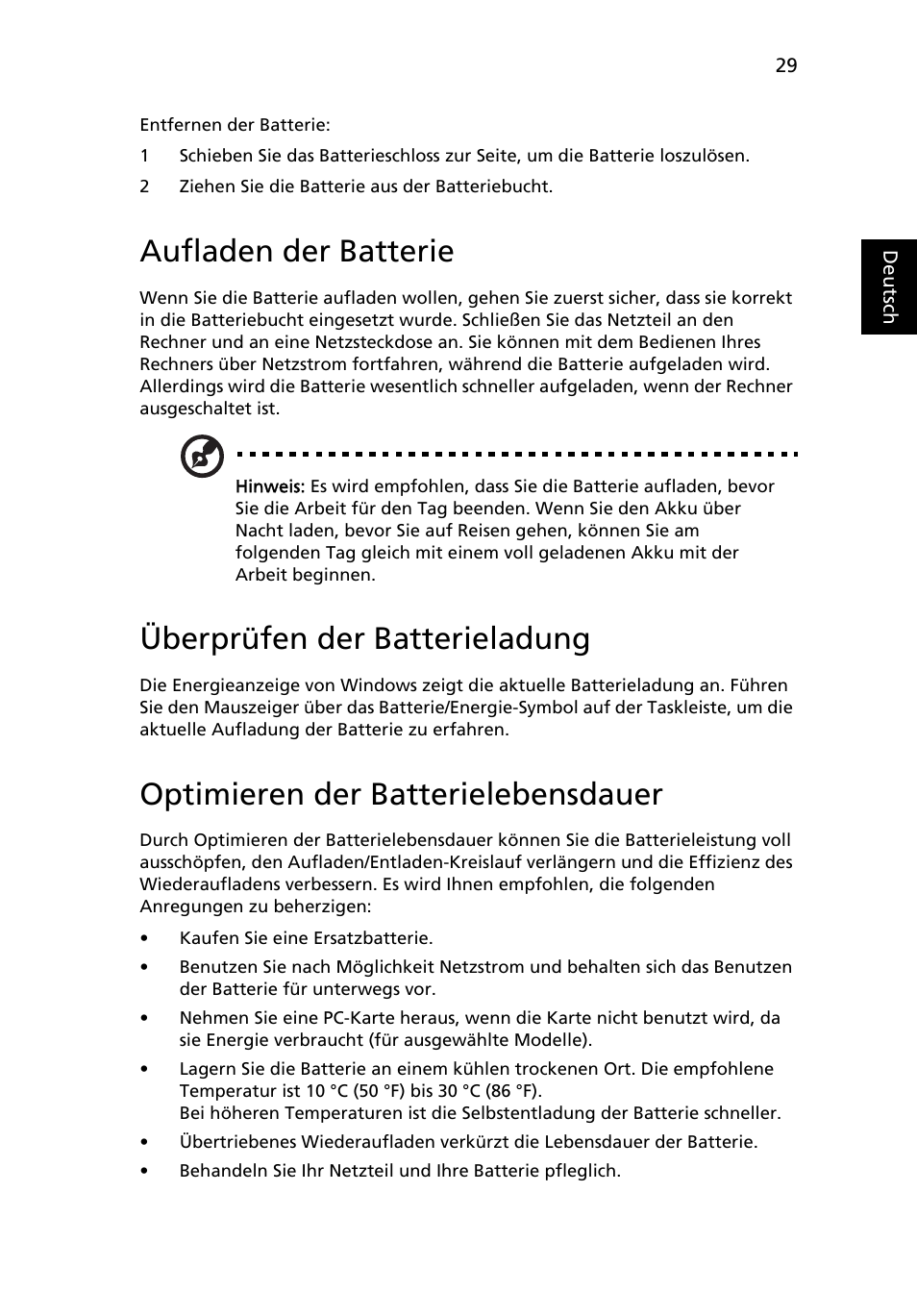 Aufladen der batterie, Überprüfen der batterieladung, Optimieren der batterielebensdauer | Acer TravelMate 4750 User Manual | Page 199 / 2286