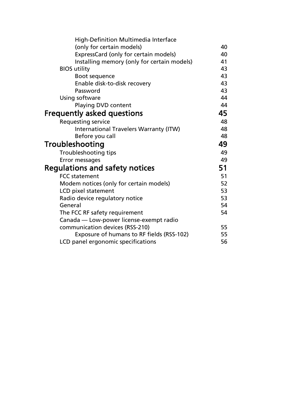 Frequently asked questions 45, Troubleshooting 49, Regulations and safety notices 51 | Acer TravelMate 4750 User Manual | Page 20 / 2286