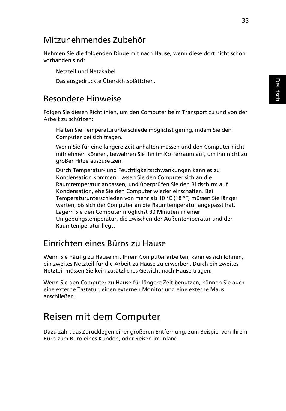 Reisen mit dem computer, Mitzunehmendes zubehör, Besondere hinweise | Einrichten eines büros zu hause | Acer TravelMate 4750 User Manual | Page 203 / 2286