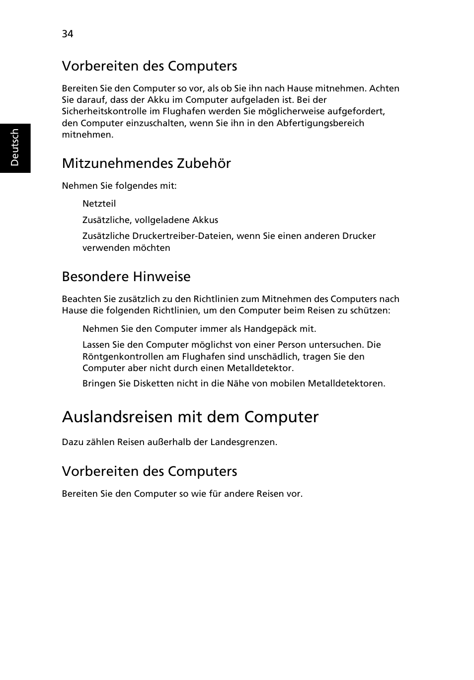 Auslandsreisen mit dem computer, Vorbereiten des computers, Mitzunehmendes zubehör | Besondere hinweise | Acer TravelMate 4750 User Manual | Page 204 / 2286