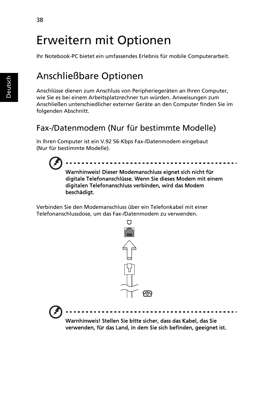 Erweitern mit optionen, Anschließbare optionen, Fax-/datenmodem (nur für bestimmte modelle) | Acer TravelMate 4750 User Manual | Page 208 / 2286