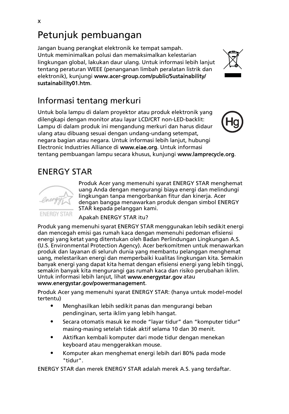 Petunjuk pembuangan, Informasi tentang merkuri, Energy star | Acer TravelMate 4750 User Manual | Page 2144 / 2286