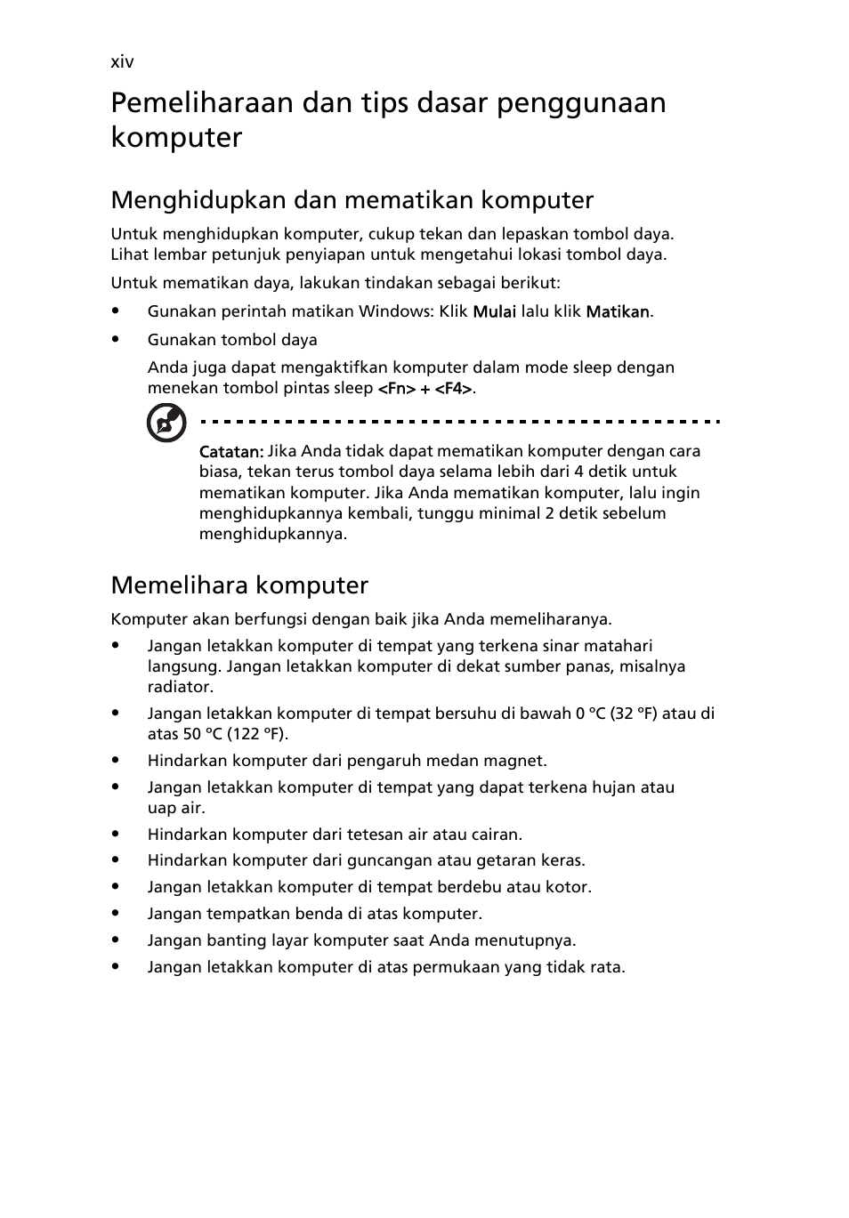 Pemeliharaan dan tips dasar penggunaan komputer, Menghidupkan dan mematikan komputer, Memelihara komputer | Acer TravelMate 4750 User Manual | Page 2148 / 2286