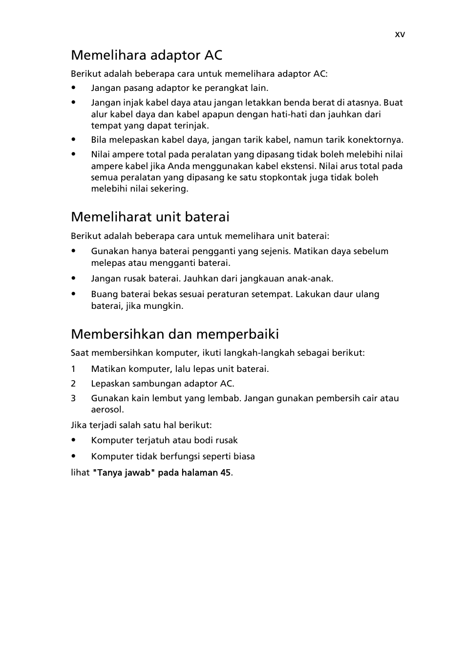 Memelihara adaptor ac, Memeliharat unit baterai, Membersihkan dan memperbaiki | Acer TravelMate 4750 User Manual | Page 2149 / 2286