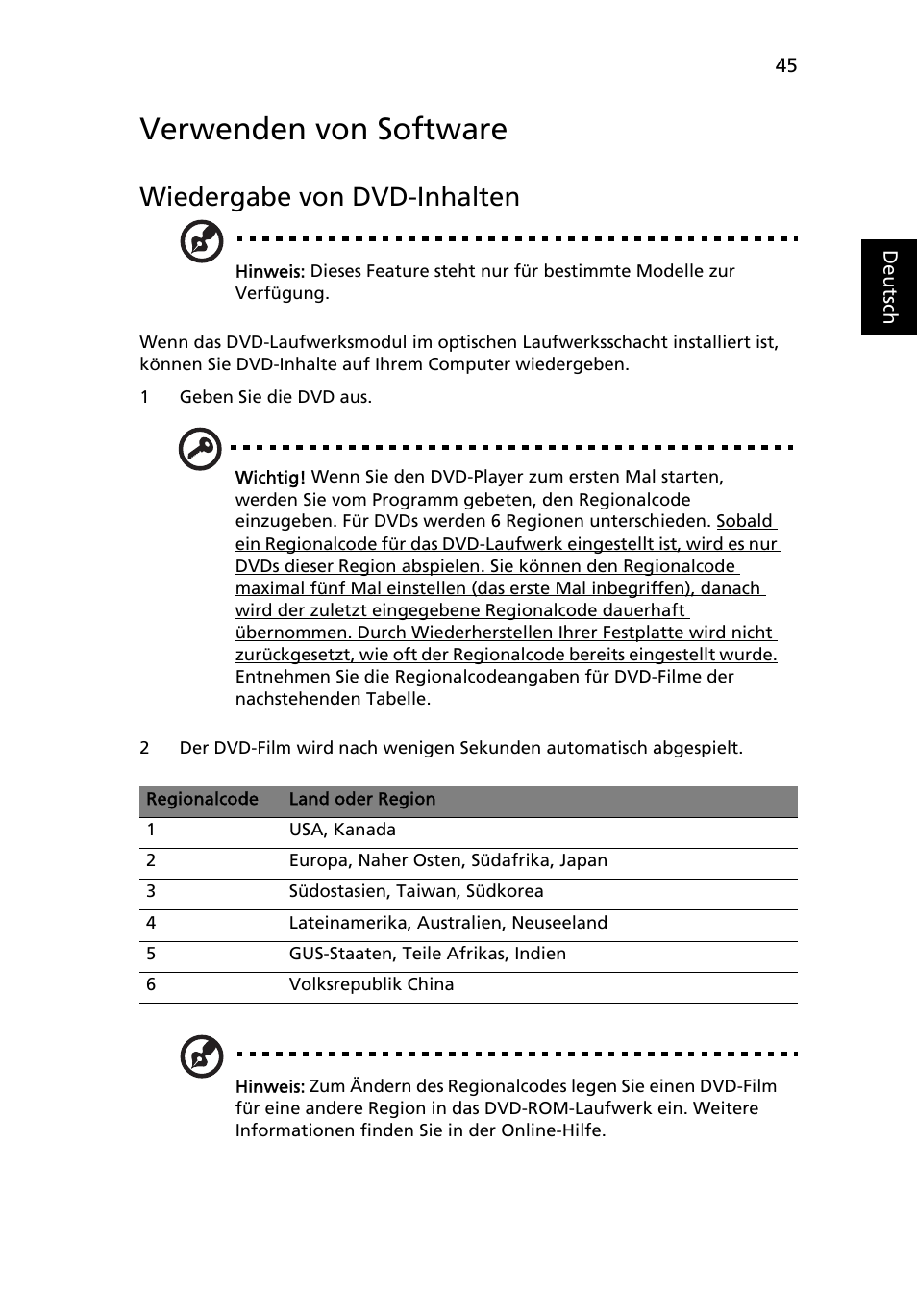 Verwenden von software, Wiedergabe von dvd-inhalten | Acer TravelMate 4750 User Manual | Page 215 / 2286